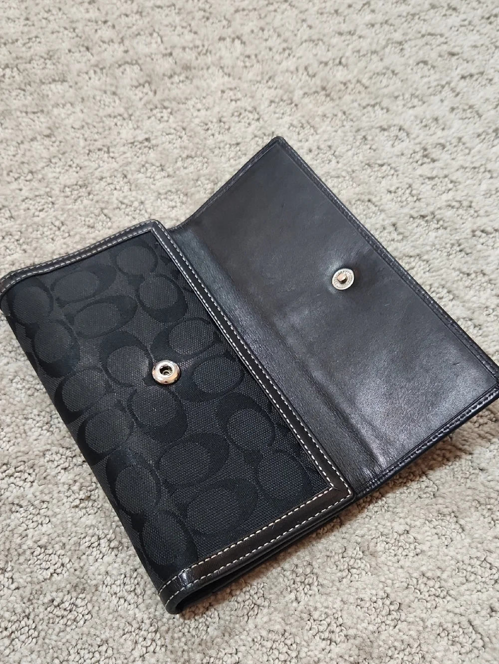 Coach Black Signature C Logo Patterned Trifold Wallet